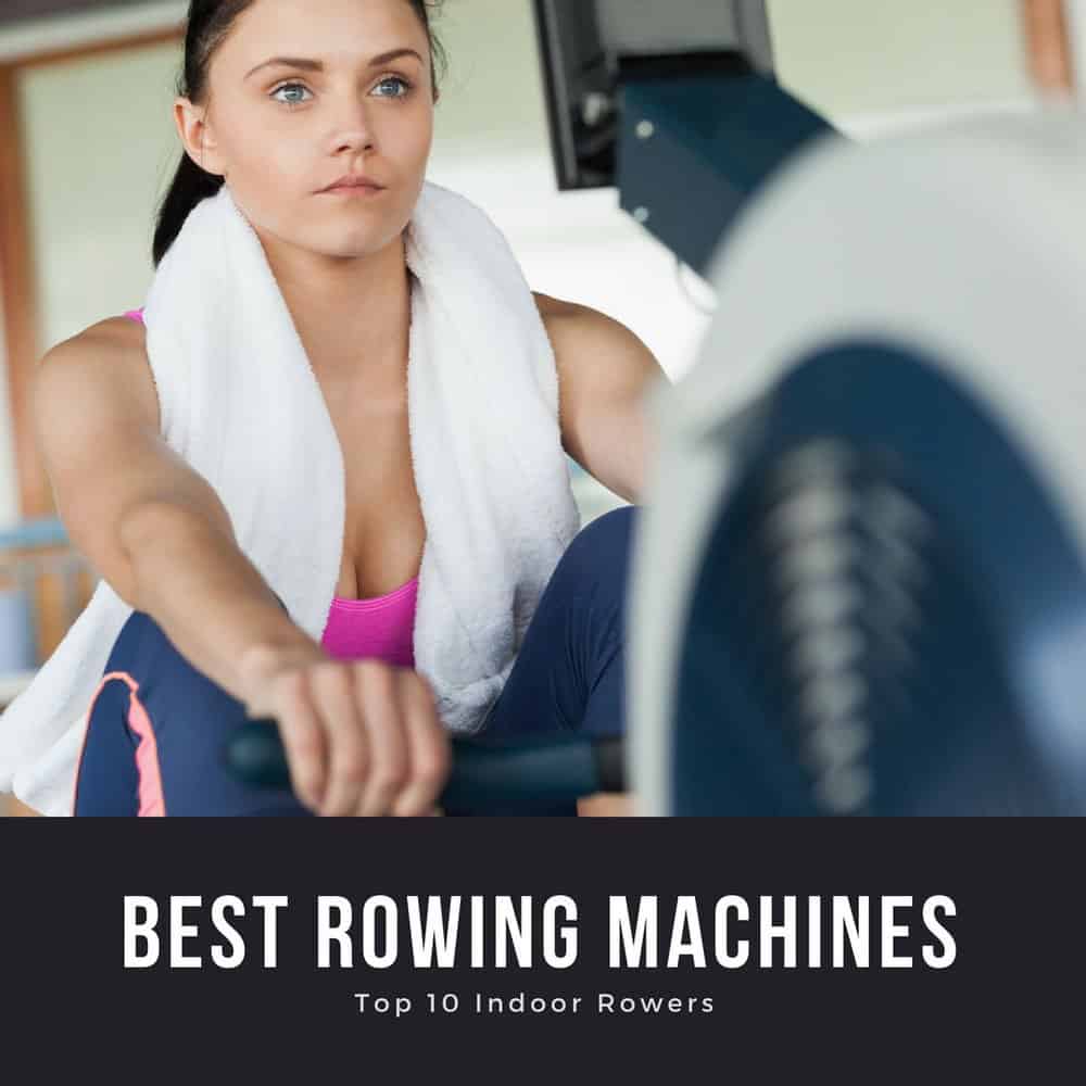 woman exercising on rowing machine with towel